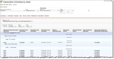 Screenshot showing Depreciation Schedules by Asset report.