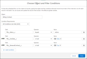 Screenshot of Choose Object and Filter Conditions window in the Flow UI